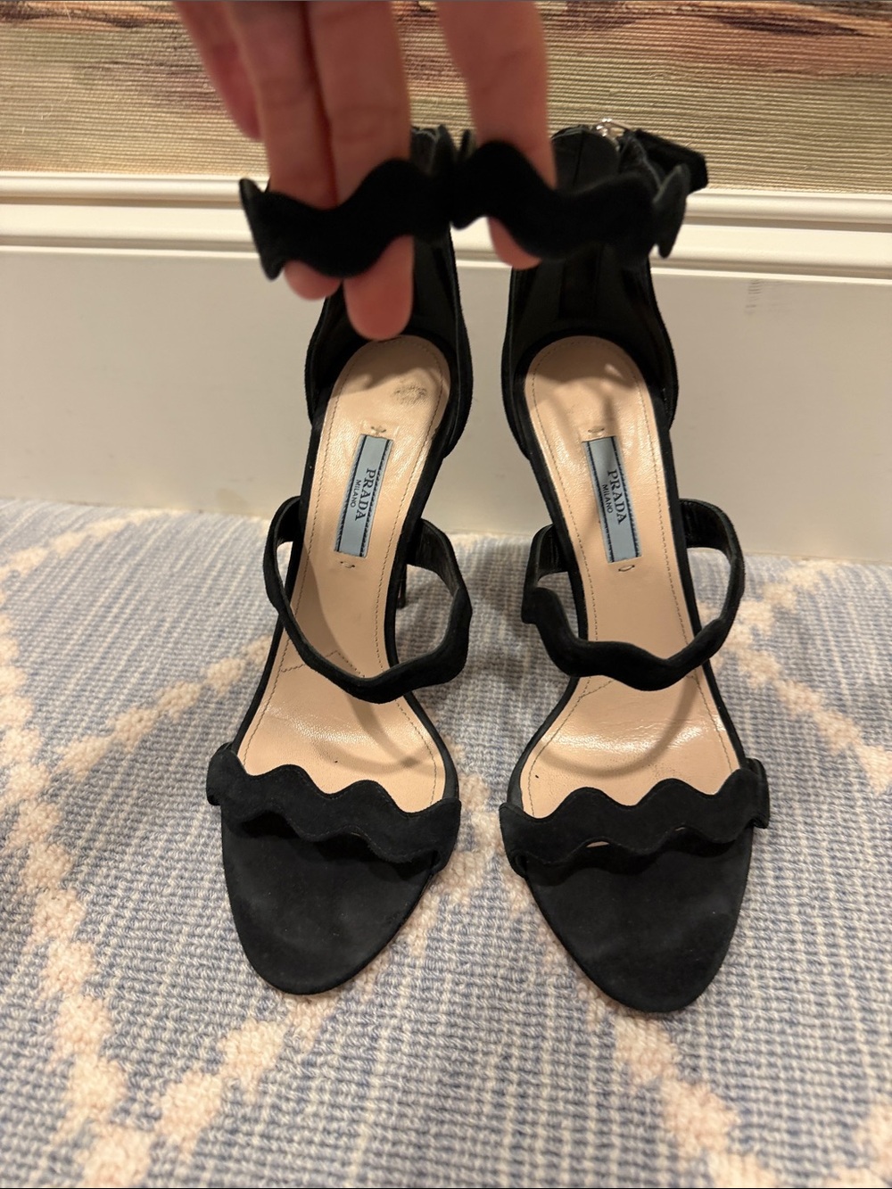 Prada Black Suede Wavy Strap Ankle-Heel Sandals